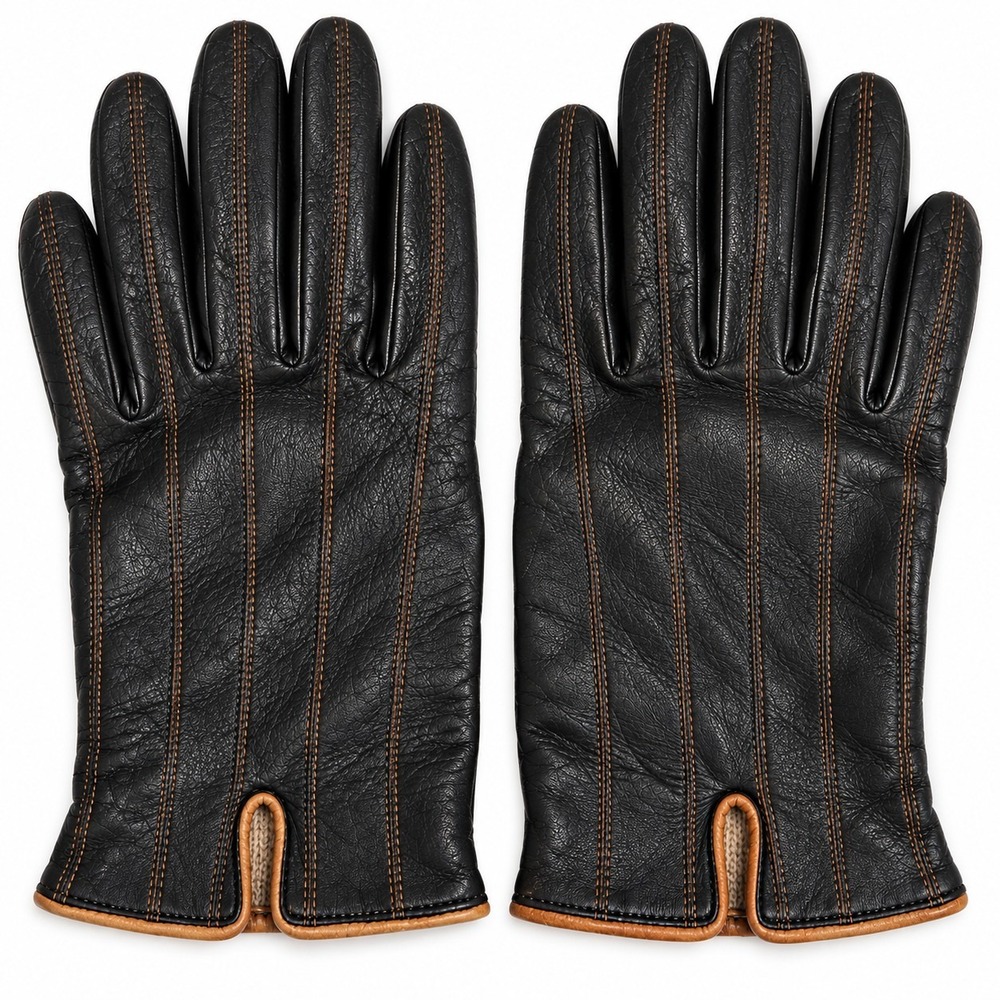 Carlo Tivioli Leather Gloves Womens L Black Cashmere Wool Lined Tan Stitching